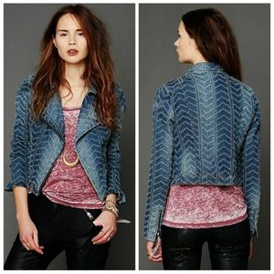 Free People Denim Textured Motorcycle Jacket